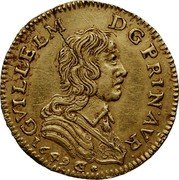 France 1 Louis D'or (William IX) GVILLELM D G PRIN AVR 1649 coin obverse France 1 Louis D'or (William IX) GVILLELM D G PRIN AVR 1649 coin obverse