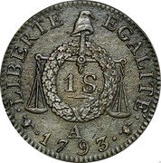 France 1 Sol (Republic. Scales - A - Paris - Essai FRANCAISE)) 1 . S A LIBERTE EGALITE 1793 coin reverse