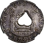 France 10 Bits ND (1761-1764)  Host years 1732-1747. Rare. KM# 5 Martinique M VTRAQUE VNUM M 1749 coin obverse France 10 Bits ND (1761-1764)  Host years 1732-1747. Rare. KM# 5 Martinique M VTRAQUE VNUM M 1749 coin obverse