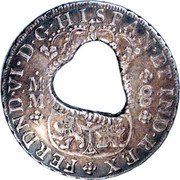 France 10 Bits Countermarked Coinage ND (1770-1772)  Host years 1732-1747. KM# 20 FERDND VI D G HISPAN ET IND REX MM 8 coin obverse