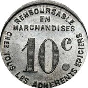 France 10 Centimes Chambre Syndicale Grocery Retailers. Dax ND  REMBOURSABLE EN MARCHANDISES 10C CHEZ TOUS LES ADHERENTS EPICIERS coin reverse France 10 Centimes Chambre Syndicale Grocery Retailers. Dax ND  REMBOURSABLE EN MARCHANDISES 10C CHEZ TOUS LES ADHERENTS EPICIERS coin reverse