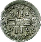 France 15 Deniers (Overstrike on Quinzain of Louis XIII) LVD. .XIIII. D. G. FR. ET. N. R. coin obverse France 15 Deniers (Overstrike on Quinzain of Louis XIII) LVD. .XIIII. D. G. FR. ET. N. R. coin obverse