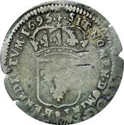 France 15 Deniers (Overstrike on Quinzain of Louis XIII) SIT. NOMEN. DOMINI. BENEDICTVM. 1695 coin reverse France 15 Deniers (Overstrike on Quinzain of Louis XIII) SIT. NOMEN. DOMINI. BENEDICTVM. 1695 coin reverse