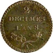 France 2 Decimes (Essai by Lorthior) 2 DÉCIMES L'AN 8. A coin reverse France 2 Decimes (Essai by Lorthior) 2 DÉCIMES L'AN 8. A coin reverse