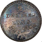 France 2 Decimes (Essai) 2 DÉCIMES L'AN 8. A coin reverse France 2 Decimes (Essai) 2 DÉCIMES L'AN 8. A coin reverse