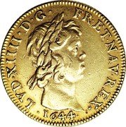 France 2 Louis D'or (Louis XIV. Short wick) LVD XIIII D G FR ET NAV REX 1644 coin obverse France 2 Louis D'or (Louis XIV. Short wick) LVD XIIII D G FR ET NAV REX 1644 coin obverse