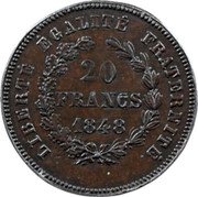 France 20 Francs Essai by Bouvet 1848 20 FRANCS 1848 LIBERTÉ ÉGALITÉ FRATERNITÉ coin reverse