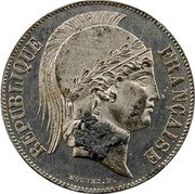 France 20 Francs (Essai by Bouvet. Helmeted Republic) REPUBLIQUE FRANÇAISE BOUVET. F. coin obverse France 20 Francs (Essai by Bouvet. Helmeted Republic) REPUBLIQUE FRANÇAISE BOUVET. F. coin obverse