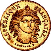France 20 Francs Essai by Leclerc. Gilded 1848 KM# Pn79 L. LECLERC F. REPUBLIQUE FRANÇAISE coin obverse France 20 Francs Essai by Leclerc. Gilded 1848 KM# Pn79 L. LECLERC F. REPUBLIQUE FRANÇAISE coin obverse