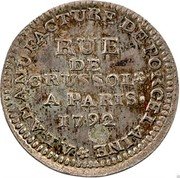 France 20 Sols Manufactuer de Porcelaine. Big 1792 KM# Tn39a RUE DE CRUSSOL A PARIS 1792 A LA MANUFACTURE DE PORCELAINE coin obverse