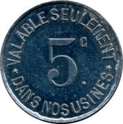 France 5 Centimes (Gennevilliers) USINE A GAZ GENNEVILLIERS E.C.F.M. coin reverse France 5 Centimes (Gennevilliers) USINE A GAZ GENNEVILLIERS E.C.F.M. coin reverse