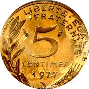 France 5 Centimes Marianne Piedfort 1977  KM# P466 LIBERTE EGALITE FRATERNITE 5 CENTIMES 1977 A. DIEUDONNE. coin reverse France 5 Centimes Marianne Piedfort 1977  KM# P466 LIBERTE EGALITE FRATERNITE 5 CENTIMES 1977 A. DIEUDONNE. coin reverse