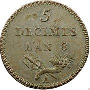 France 5 Decimes (Essai by Lorthior) 5 DÉCIMES L'AN 8. A coin reverse France 5 Decimes (Essai by Lorthior) 5 DÉCIMES L'AN 8. A coin reverse