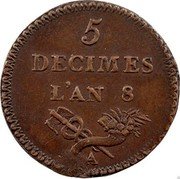 France 5 Decimes (Essai by Lorthior) 5 DÉCIMES L'AN 8. A coin reverse France 5 Decimes (Essai by Lorthior) 5 DÉCIMES L'AN 8. A coin reverse