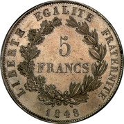 France 5 Francs (Essai by Dieudonne) KM# Pn53 LIBERTÉ ÉGALITÉ FRATERNITÉ 5 FRANCS 1848 coin reverse France 5 Francs (Essai by Dieudonne) KM# Pn53 LIBERTÉ ÉGALITÉ FRATERNITÉ 5 FRANCS 1848 coin reverse