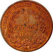 France 5 Francs (Essai by Farochon. Liberty with Symbols) 5 FRANCS 1848 LIBERTÉ ÉGALITÉ FRATERNITÉ coin reverse France 5 Francs (Essai by Farochon. Liberty with Symbols) 5 FRANCS 1848 LIBERTÉ ÉGALITÉ FRATERNITÉ coin reverse