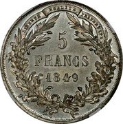 France 5 Francs (Essai by Malbet) KM# Pn84 LIBERTÉ ÉGALITÉ FRATERNITÉ 5 FRANCS 1849 coin reverse
