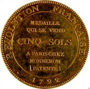 France 5 Sols Monneron 1792 KM# Tn28a MEDAILLE QUI SE VEND A PARIS CHEZ MONERON PATENTÉ REVOLUTION FRANCAISE 1792 coin reverse