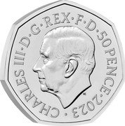 UK 50 Pence (R2-D2 and C-3PO. Coloured) CHARLES III D G REX F D 50 PENCE 2023 MJ coin obverse UK 50 Pence (R2-D2 and C-3PO. Coloured) CHARLES III D G REX F D 50 PENCE 2023 MJ coin obverse