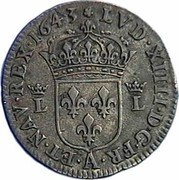 France 6 Deniers (Sizain. Louis XIV) LVD. XIIII. D. G. FR. A .ET. NAV. REX. 1643 L L coin obverse France 6 Deniers (Sizain. Louis XIV) LVD. XIIII. D. G. FR. A .ET. NAV. REX. 1643 L L coin obverse