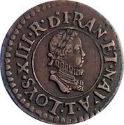 France Denier Tournois (Louis XIII Nantes. 1st Type) LOYS. XIII. R. D. FRAN. ET. NAVA. T. coin obverse France Denier Tournois (Louis XIII Nantes. 1st Type) LOYS. XIII. R. D. FRAN. ET. NAVA. T. coin obverse
