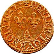 France Denier Tournois Louis XIII Paris Mint. 4th Type 1627 A DENIER. TOVRNOIS. 1627. coin reverse