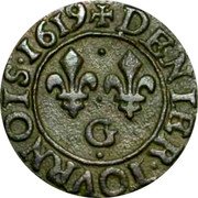 France Denier Tournois (Louis XIII. Poitiers. 1st Type) DENIER.TOVRNOIS. 1619 G coin reverse France Denier Tournois (Louis XIII. Poitiers. 1st Type) DENIER.TOVRNOIS. 1619 G coin reverse