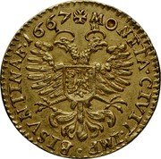 France Double Pistole (Immobilization in the name of Charles V. Besancon) KM# 57 MONETA. CIVIT. IMP. BISVNTINAE.1667 coin reverse France Double Pistole (Immobilization in the name of Charles V. Besancon) KM# 57 MONETA. CIVIT. IMP. BISVNTINAE.1667 coin reverse