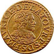 France Double Tournois Frederic-Maurice 10th Type 1632  F.MAVRICE.DE.LA.TOVR.P.S.D.S coin obverse France Double Tournois Frederic-Maurice 10th Type 1632  F.MAVRICE.DE.LA.TOVR.P.S.D.S coin obverse