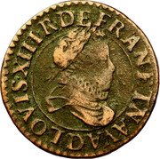 France Double Tournois Louis XIII. Lyon Mint. 2nd Type 1613 D LOVIS. XIII. R. DE. FRAN. ET. NAVA. D. coin obverse France Double Tournois Louis XIII. Lyon Mint. 2nd Type 1613 D LOVIS. XIII. R. DE. FRAN. ET. NAVA. D. coin obverse