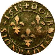 France Double Tournois Louis XIII. Lyon Mint. 2nd Type 1613 D DOVBLE TOVRNOIS 1613 coin reverse France Double Tournois Louis XIII. Lyon Mint. 2nd Type 1613 D DOVBLE TOVRNOIS 1613 coin reverse