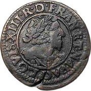 France Double Tournois Louis XIII Lyon Mint. 7th Type 1630 D LOVIS.XIII R D FRAN ET NAVA D coin obverse