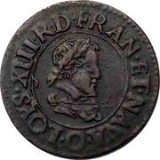 France Double Tournois (Louis XIII Riom Mint. 1st Type) LOYS. XIII. R. D. FRAN. ET. NAV: O: coin obverse France Double Tournois (Louis XIII Riom Mint. 1st Type) LOYS. XIII. R. D. FRAN. ET. NAV: O: coin obverse