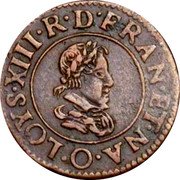 France Double Tournois (Louis XIII Riom Mint. 3rd Type) LOYS.XIII.R.D.FRAN.ET.NA O. coin obverse France Double Tournois (Louis XIII Riom Mint. 3rd Type) LOYS.XIII.R.D.FRAN.ET.NA O. coin obverse