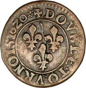 France Double Tournois (Louis XIII Villeneuve. 3rd Type) DOVBLE TO VRNOIS 16Z0 coin reverse France Double Tournois (Louis XIII Villeneuve. 3rd Type) DOVBLE TO VRNOIS 16Z0 coin reverse