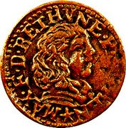 France Double Tournois (Maximilien III 5th type) MAX.F.D.BETHVNE.P.S.DHEN coin obverse France Double Tournois (Maximilien III 5th type) MAX.F.D.BETHVNE.P.S.DHEN coin obverse