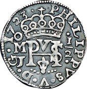 Mexico 1/2 Real Philip V 1723 J KM# 24 PHILIPPVS V D G 1723 PHSV 1/2 coin obverse Mexico 1/2 Real Philip V 1723 J KM# 24 PHILIPPVS V D G 1723 PHSV 1/2 coin obverse