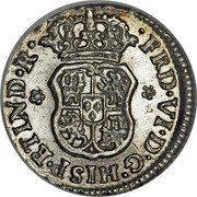 Mexico 1/2 Real Ferdinand VI 1748 M KM# 67.1 FRD VI D G HISP ETIND R coin obverse Mexico 1/2 Real Ferdinand VI 1748 M KM# 67.1 FRD VI D G HISP ETIND R coin obverse