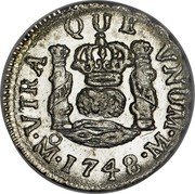 Mexico 1/2 Real Ferdinand VI 1748 M KM# 67.1 VTRA QUE VNVM MO 1748 M PLUS VLTR coin reverse Mexico 1/2 Real Ferdinand VI 1748 M KM# 67.1 VTRA QUE VNVM MO 1748 M PLUS VLTR coin reverse