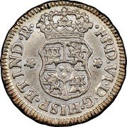 Mexico 1/2 Real Ferdinand VI 1758 M KM# 67.2 FRD VI D G HISP ETIND R coin obverse Mexico 1/2 Real Ferdinand VI 1758 M KM# 67.2 FRD VI D G HISP ETIND R coin obverse
