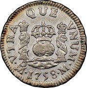 Mexico 1/2 Real Ferdinand VI 1758 M KM# 67.2 VTRA QUE VNVM MO 1758 M PLUS VLTR coin reverse Mexico 1/2 Real Ferdinand VI 1758 M KM# 67.2 VTRA QUE VNVM MO 1758 M PLUS VLTR coin reverse
