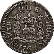Mexico 1/2 Real Carolus III 1761 M KM# 68 VTRA QUE VNUM MO 1768 M coin reverse Mexico 1/2 Real Carolus III 1761 M KM# 68 VTRA QUE VNUM MO 1768 M coin reverse