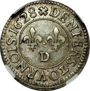 France 1 Denier Tournois (Louis XIII. Lyon) DENIERS TOVRNOIS 1628 D coin reverse