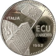 Italy 1 ECU 35th Anniversary of the European Economic Community. Piedfort 1992 Proof X# P1 ITALIA ECU D'ARGENTO 1992 coin obverse Italy 1 ECU 35th Anniversary of the European Economic Community. Piedfort 1992 Proof X# P1 ITALIA ECU D'ARGENTO 1992 coin obverse