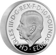 UK 10 Pounds British Monarchs. George II Piedfort 2023  Proof CHARLES III D G REX F D 10 POUNDS 2023 MJ coin obverse