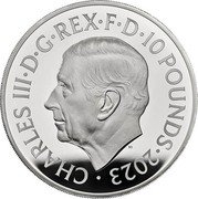 UK 10 Pounds Han Solo and Chewbacca. 2023 Proof CHARLES III D G REX F D 10 POUNDS 2023 MJ coin obverse UK 10 Pounds Han Solo and Chewbacca. 2023 Proof CHARLES III D G REX F D 10 POUNDS 2023 MJ coin obverse
