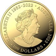 Australia 100 Dollars 50th Anniversary of the Sydney Opera House 2023 JC ELIZABETH II 1952-2022 AUSTRALIA 2023 100 DOLLARS coin obverse Australia 100 Dollars 50th Anniversary of the Sydney Opera House 2023 JC ELIZABETH II 1952-2022 AUSTRALIA 2023 100 DOLLARS coin obverse