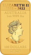 Australia 100 Dollars Dragon Bar 2023 P JC ELIZABETH II 1952-2022 AUSTRALIA 1 OZ 9999 AU 100 DOLLARS 2023 coin obverse Australia 100 Dollars Dragon Bar 2023 P JC ELIZABETH II 1952-2022 AUSTRALIA 1 OZ 9999 AU 100 DOLLARS 2023 coin obverse