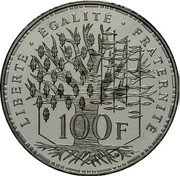 France 100 Francs (Pantheon Piedfort) LIBERTÉ ÉGALITÉ FRATERNITÉ 100 F coin reverse France 100 Francs (Pantheon Piedfort) LIBERTÉ ÉGALITÉ FRATERNITÉ 100 F coin reverse