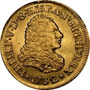 Mexico 2 Escudos Philip V 1732 F KM# 124 PHILIP V D G HISPAN ET IND REX 1732 coin obverse Mexico 2 Escudos Philip V 1732 F KM# 124 PHILIP V D G HISPAN ET IND REX 1732 coin obverse